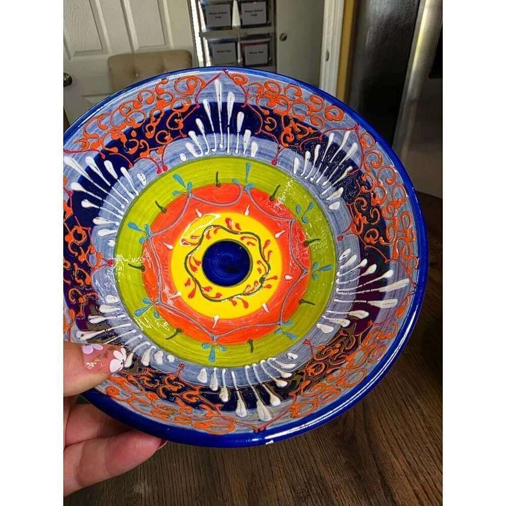 Hand-Painted Ceramic Bowl From Spain With Vibrant Blue Orange & Yellow‎ Patterns